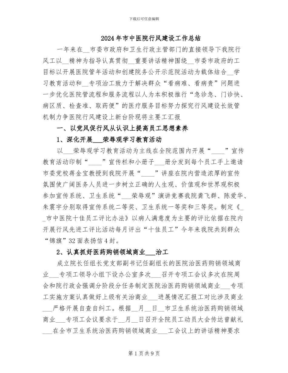 2024年市中医院行风建设工作总结_第1页