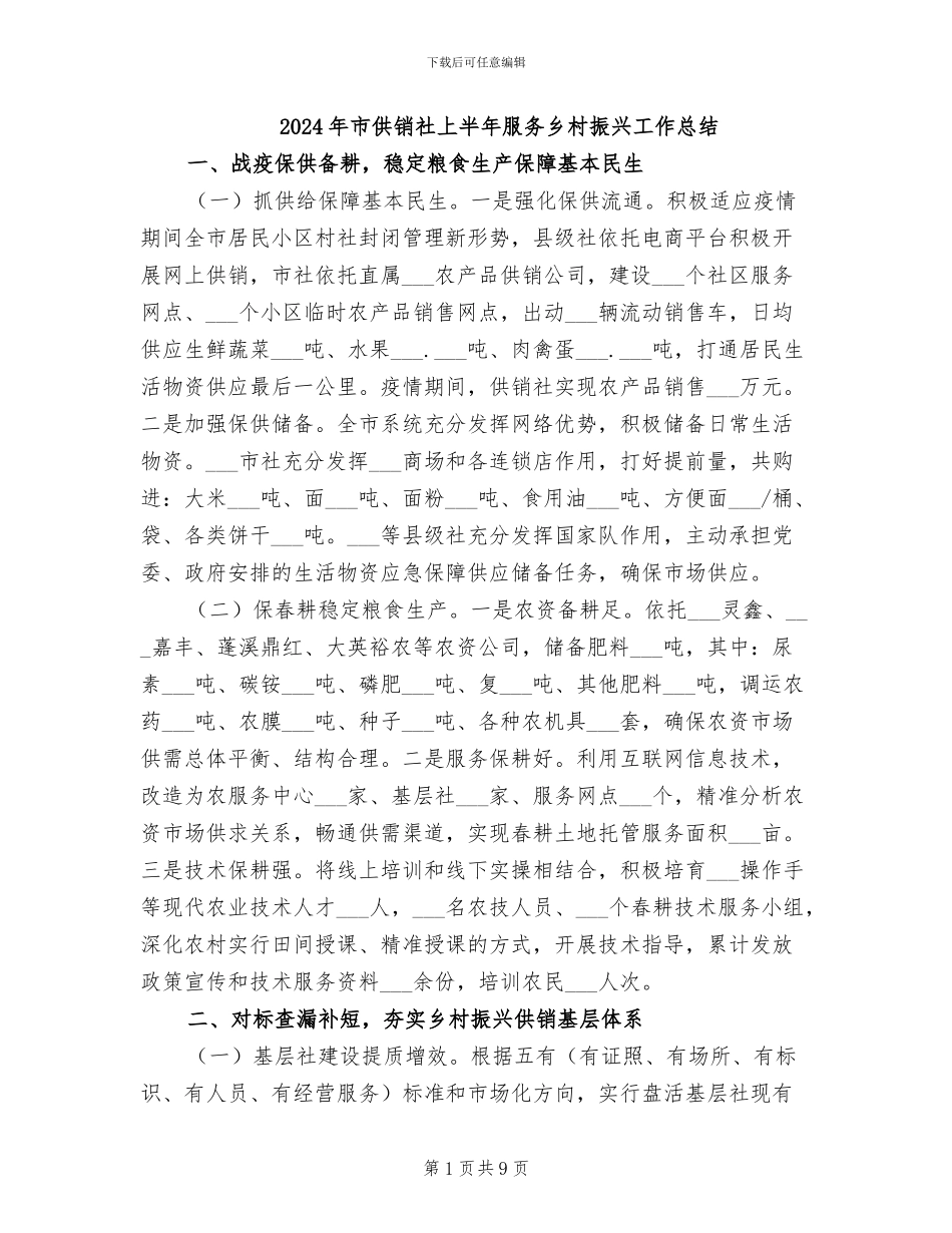 2024年市供销社上半年服务乡村振兴工作总结_第1页