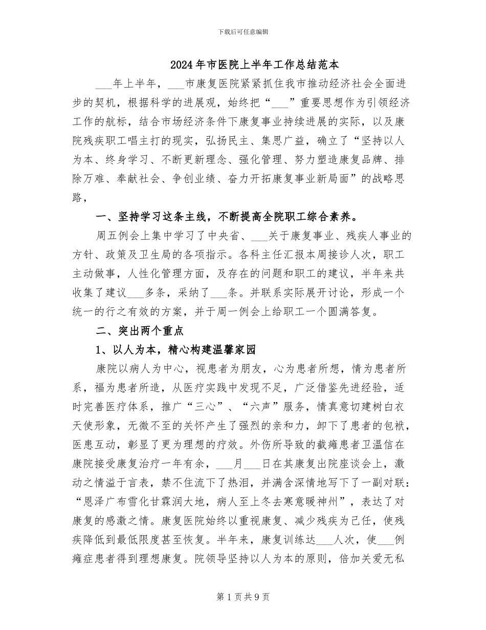 2024年市医院上半年工作总结范本_第1页
