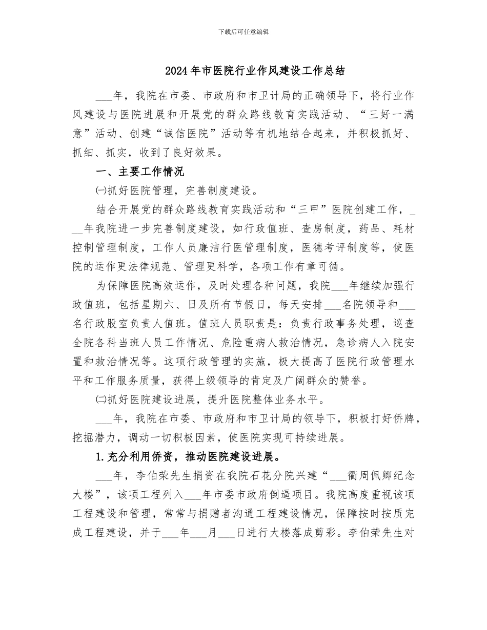 2024年市医院行业作风建设工作总结_第1页