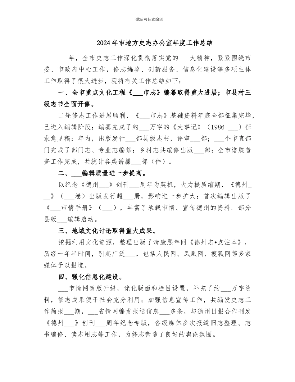 2024年市地方史志办公室年度工作总结_第1页