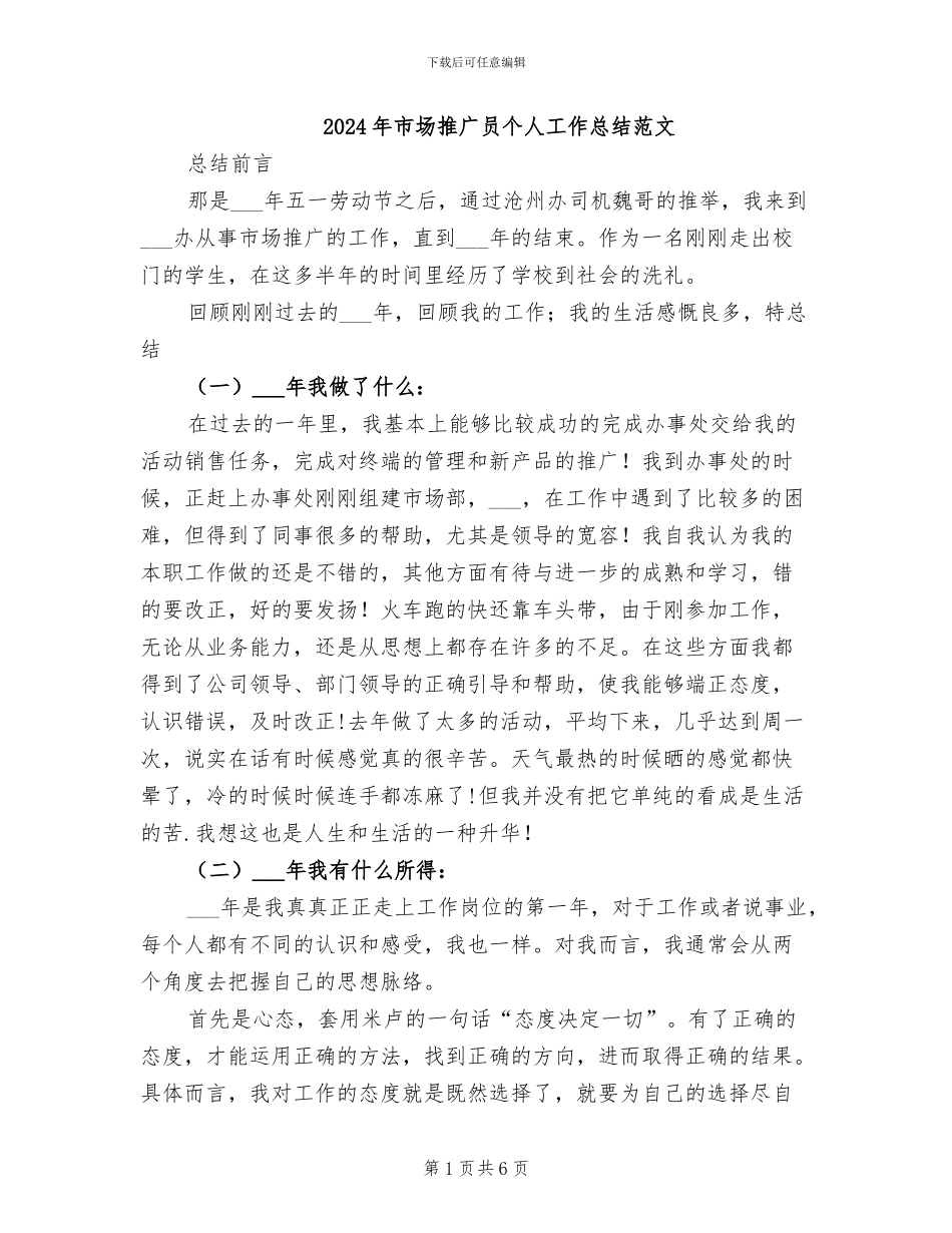 2024年市场推广员个人工作总结范文_第1页