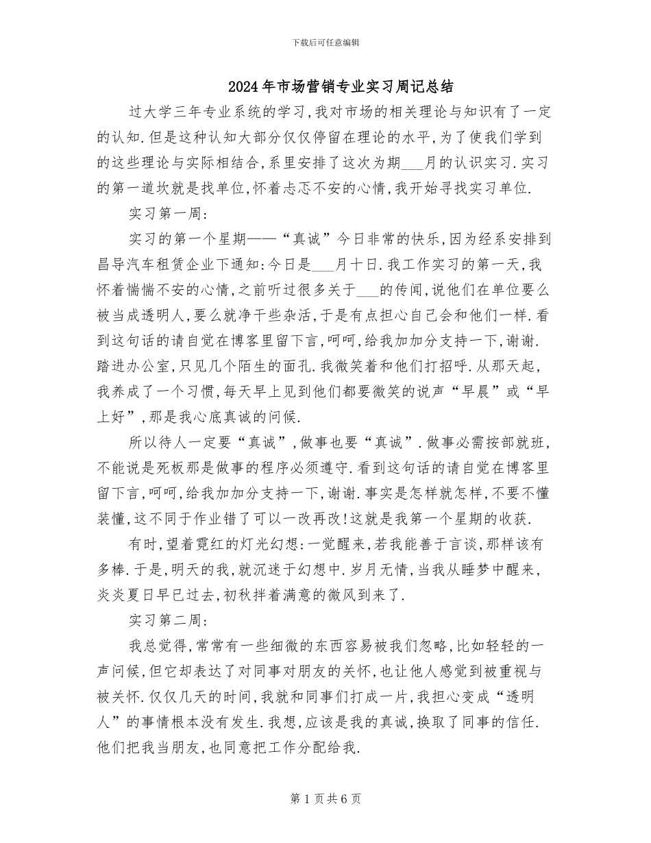 2024年市场营销专业实习周记总结_第1页