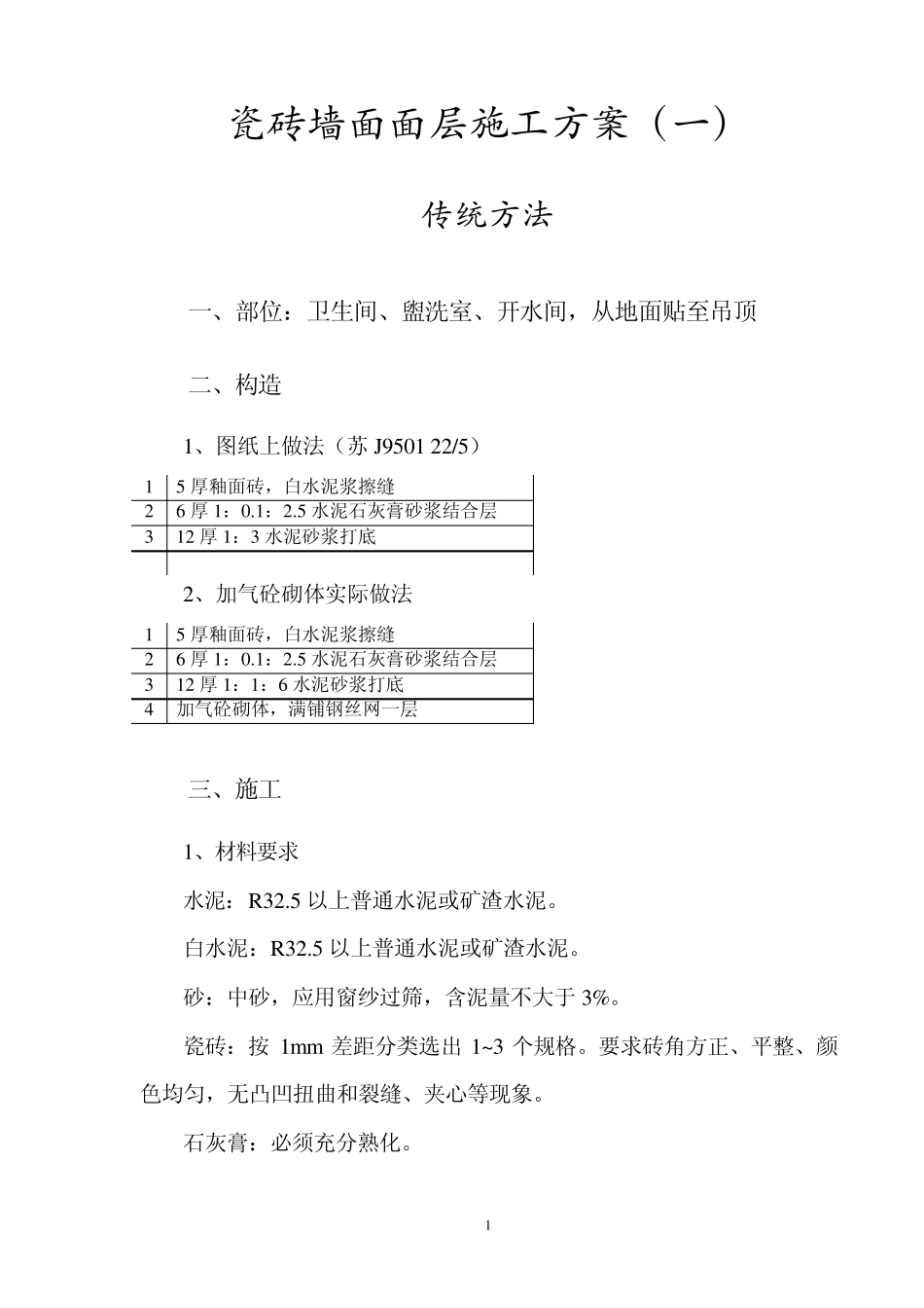 瓷砖墙面面层施工方案_第1页