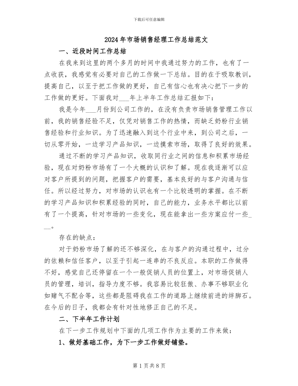 2024年市场销售经理工作总结范文_第1页