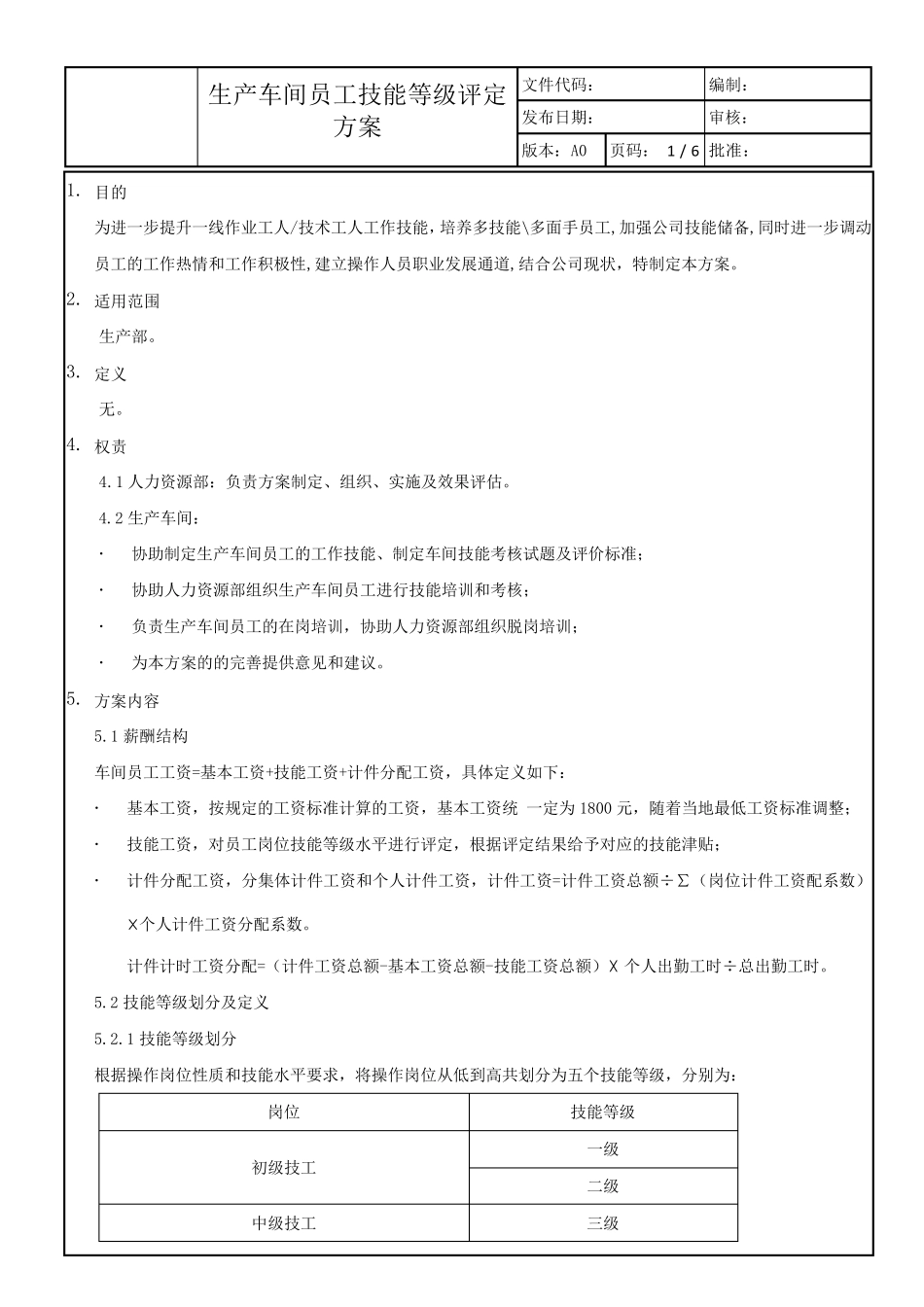 生产车间员工技能等级评定方案_第1页