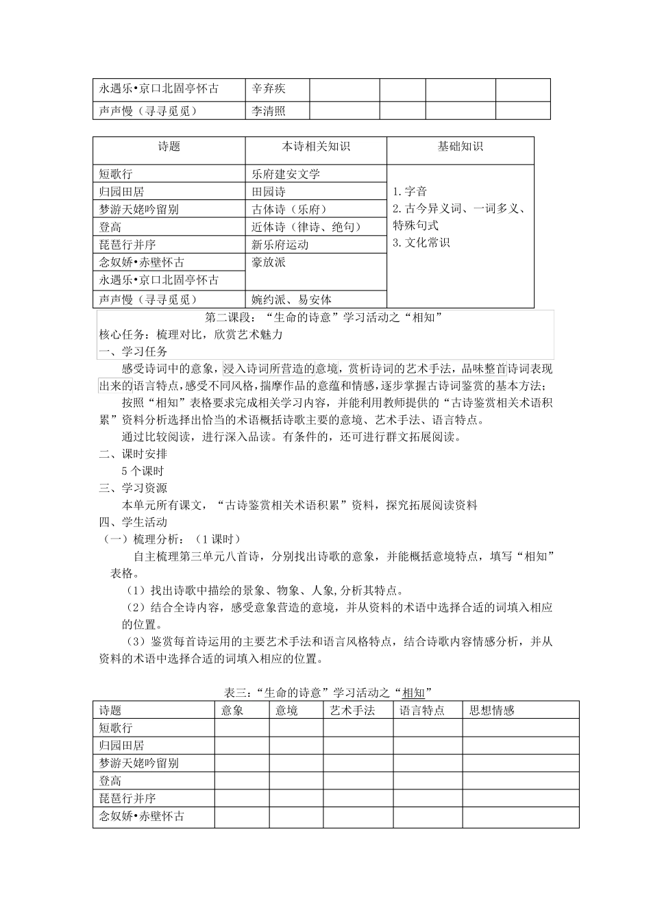 生命的诗意高中语文新教材必修上册第三单元整体教学设计_第3页