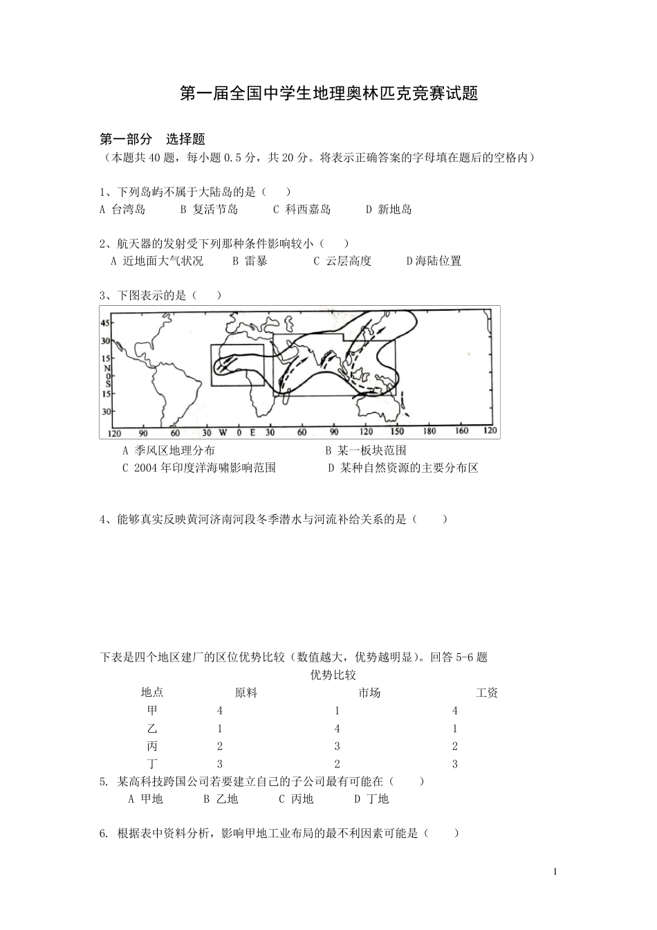 第一届全国中学生地理奥林匹克竞赛试题及参考答案_第1页