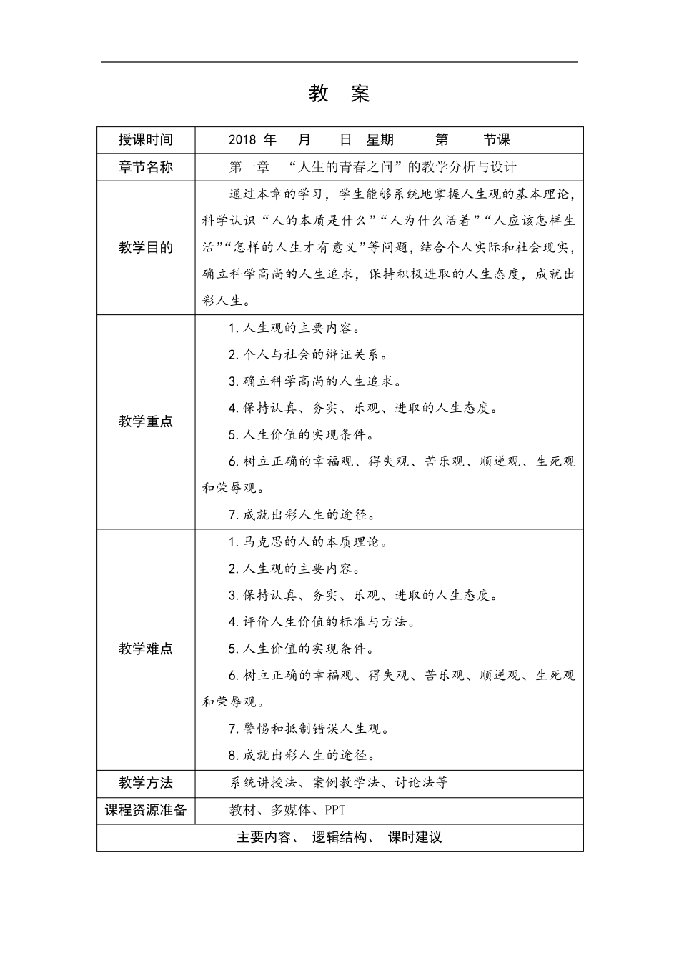 第一章“人生的青春之问”的教学分析与设计_第1页