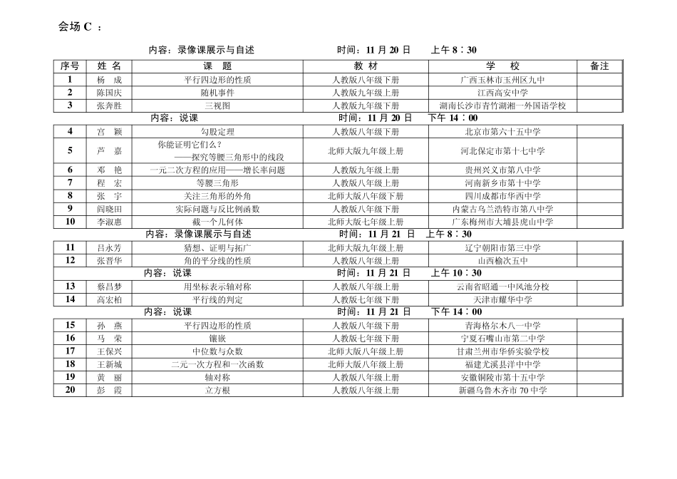 第七届全国初中青年数学教师优秀课观摩与评比活动武汉初中活动分会场日程表_第3页
