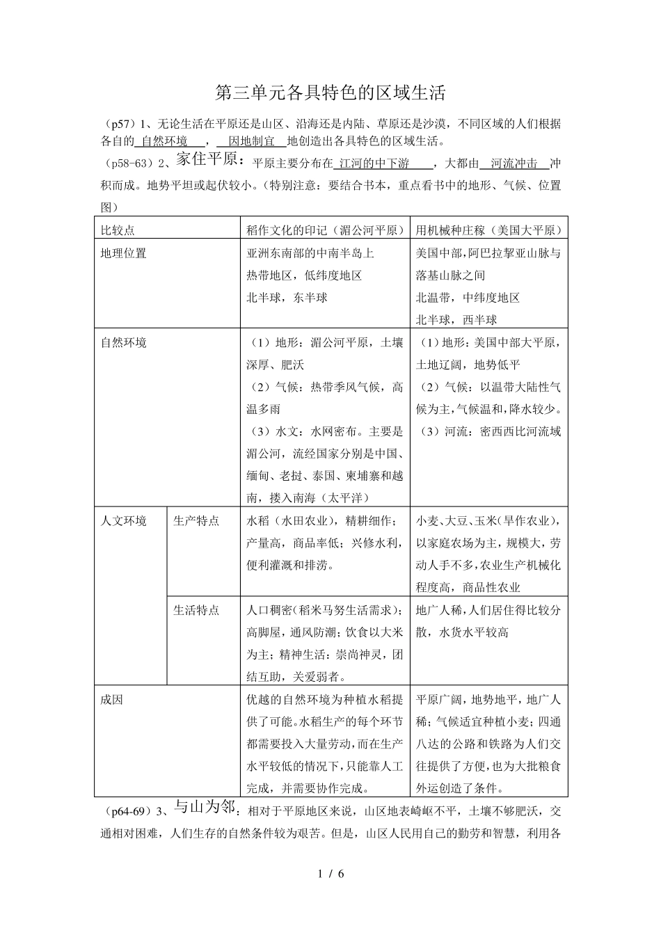 第三单元各具特色的区域生活知识梳理_第1页