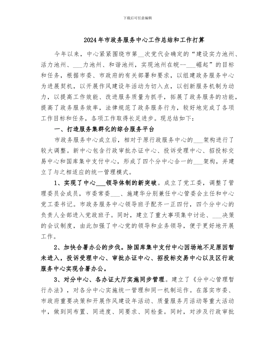 2024年市政务服务中心工作总结和工作打算_第1页