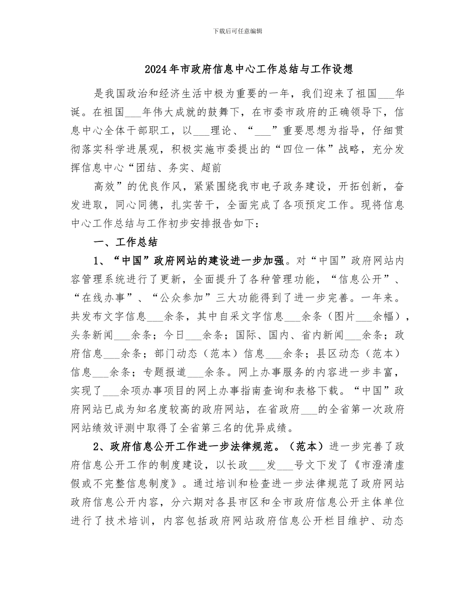 2024年市政府信息中心工作总结与工作设想_第1页