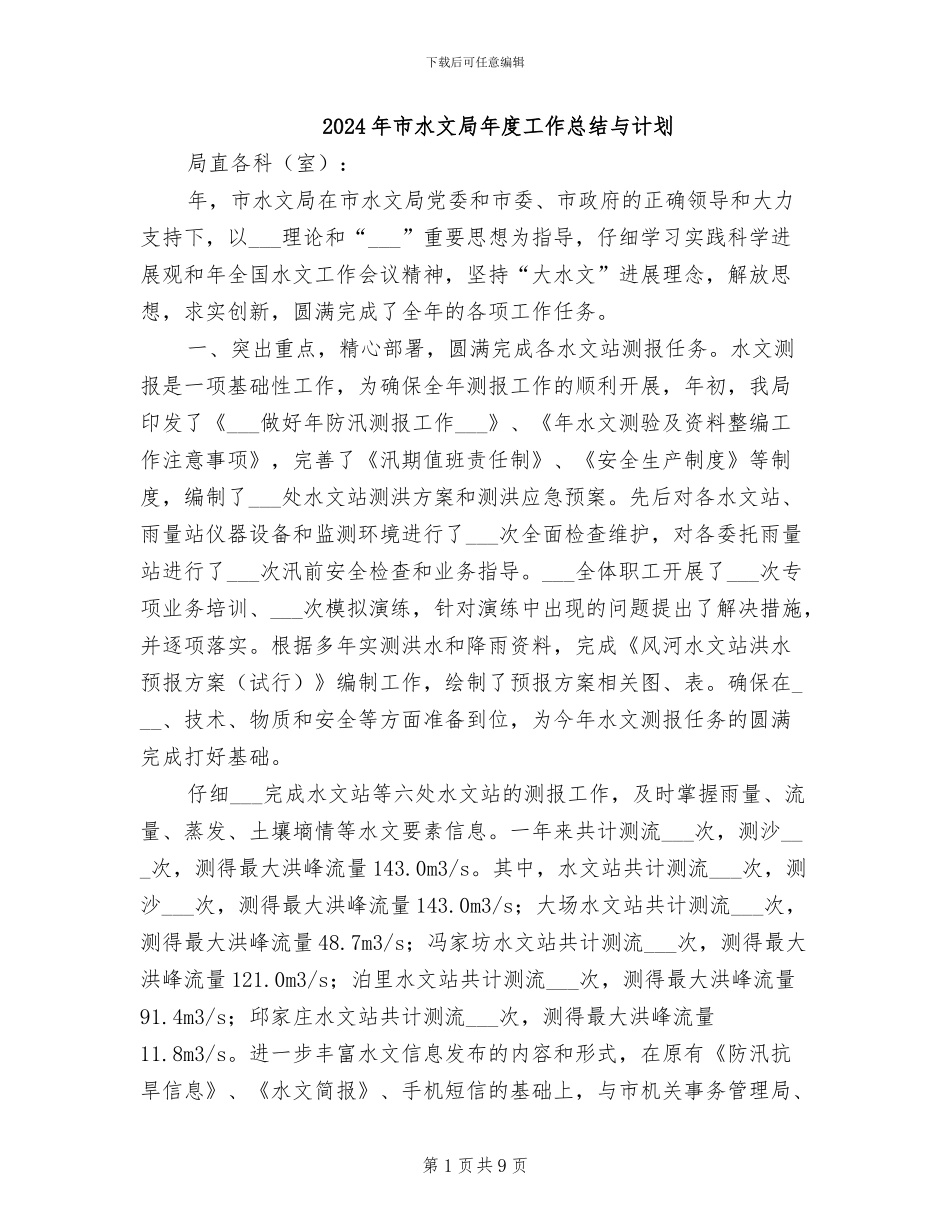 2024年市水文局年度工作总结与计划_第1页