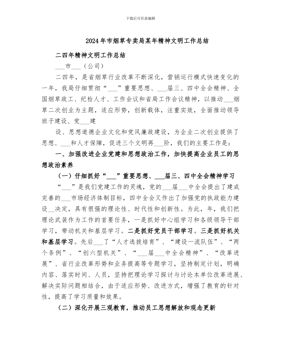 2024年市烟草专卖局某年精神文明工作总结_第1页