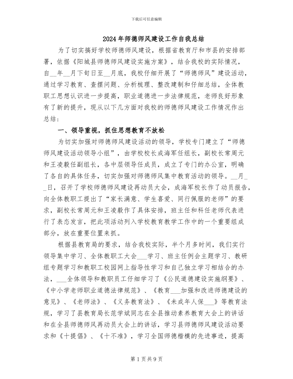 2024年师德师风建设工作自我总结_第1页