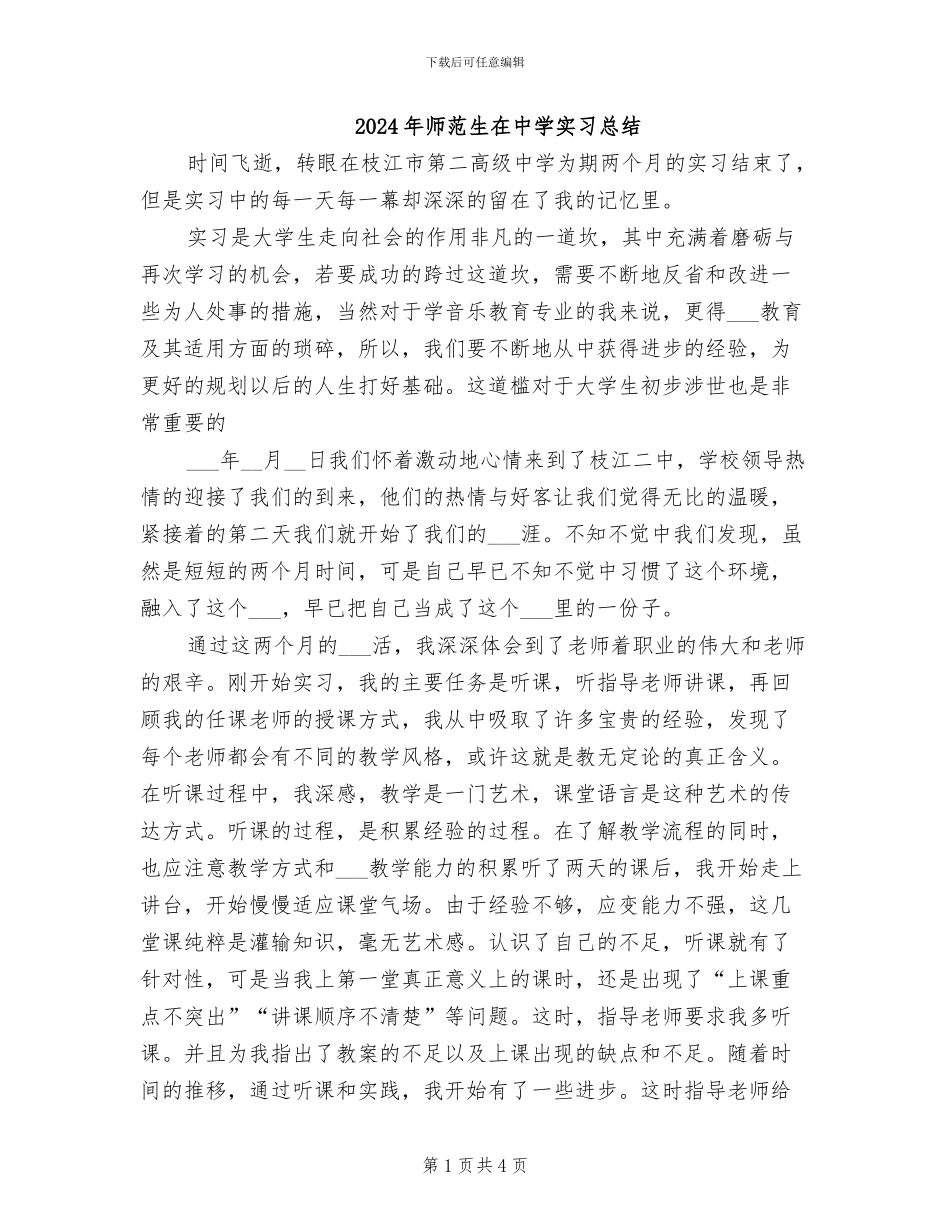 2024年师范生在中学实习总结_第1页