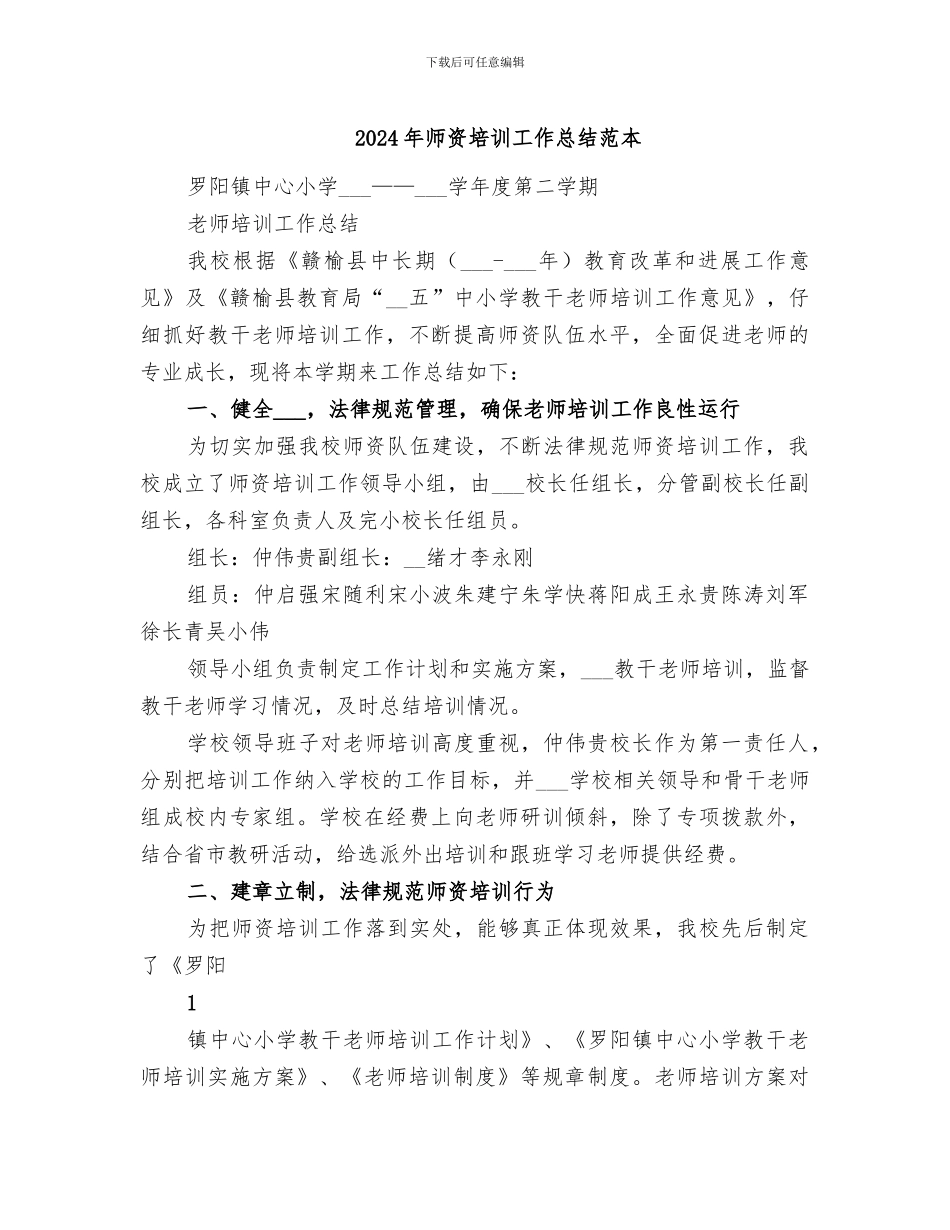 2024年师资培训工作总结范本_第1页