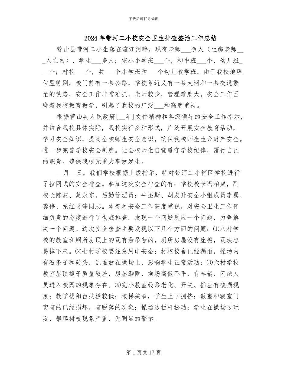 2024年带河二小校安全卫生排查整治工作总结_第1页
