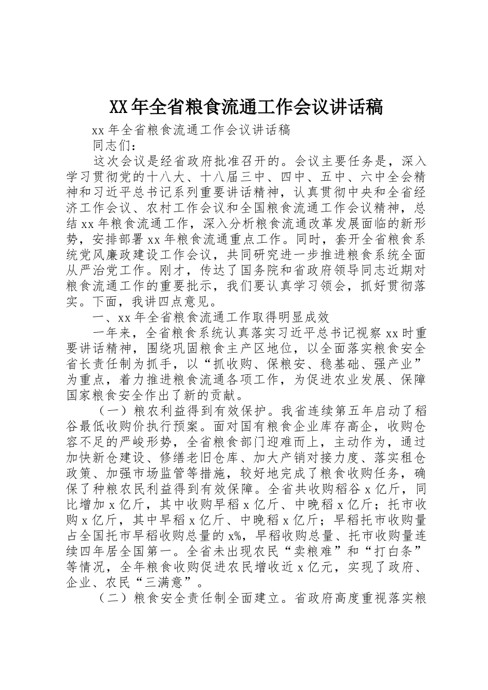XX年全省粮食流通工作会议讲话稿_第1页