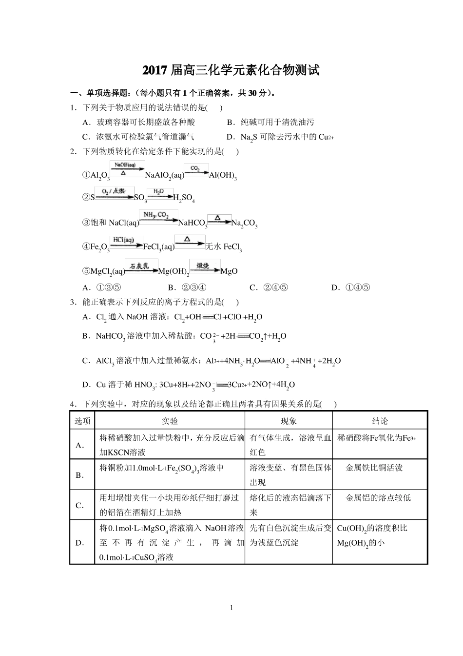 化学2017届高三化学元素化合物测试_第1页