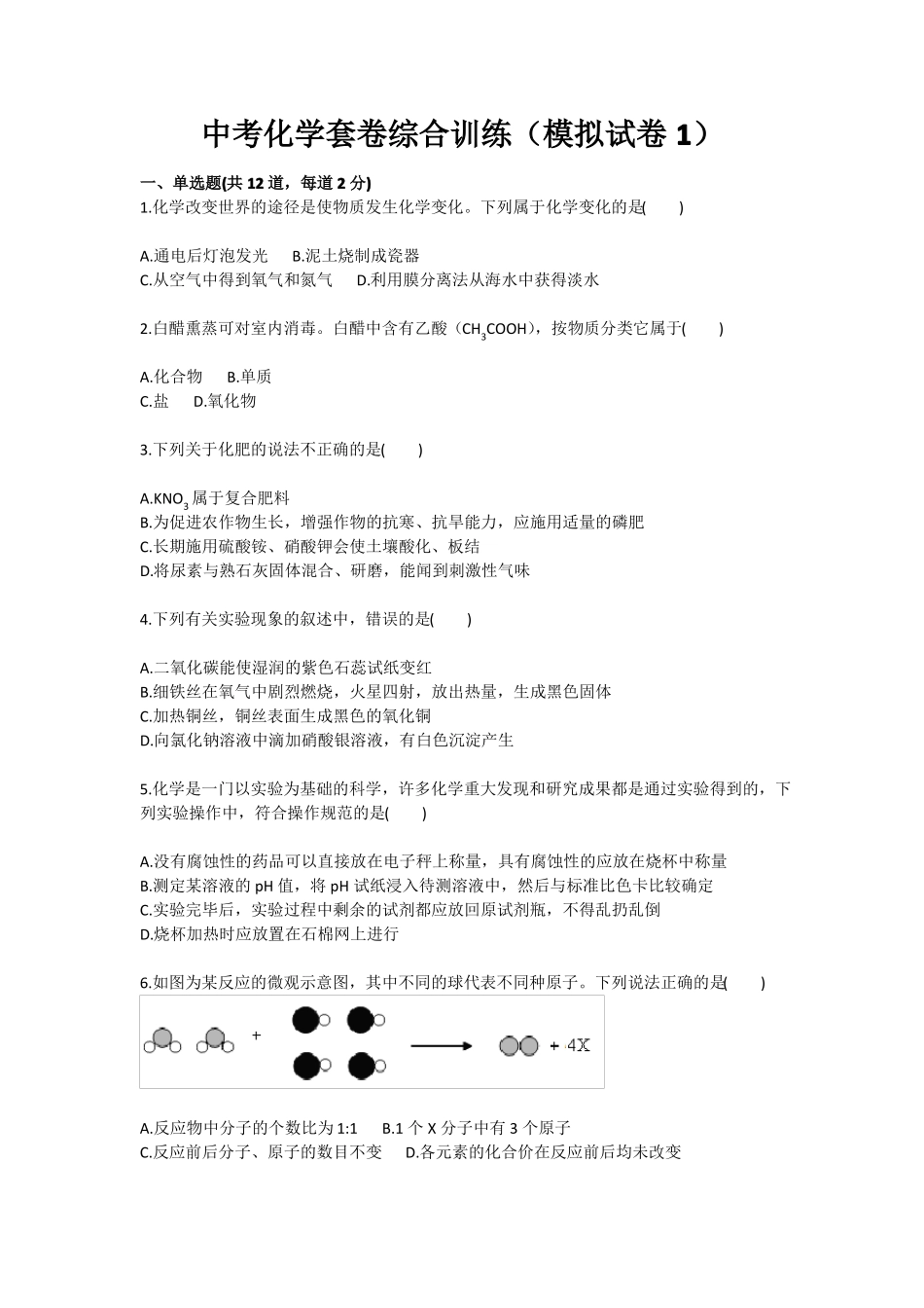 化学：中考化学套卷综合训练模拟训练考试卷1九年级训练考试卷_第1页