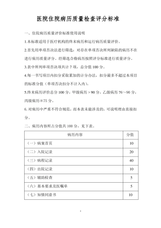 医院住院病历质量检查评分标准