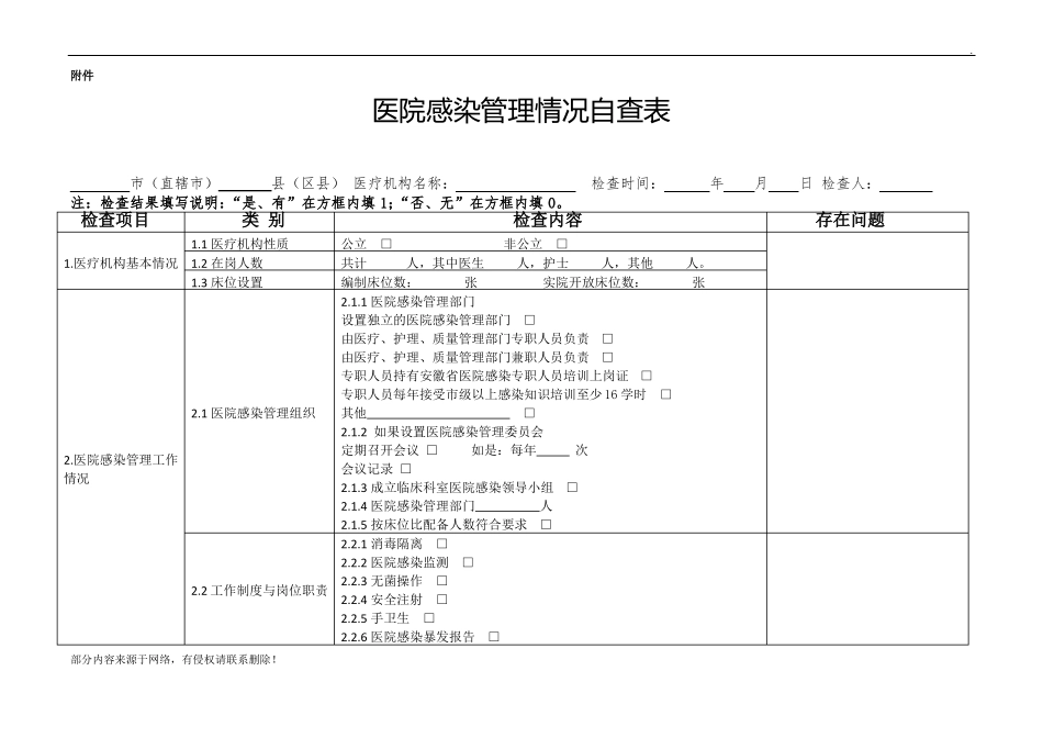 医院感染自查表_第1页