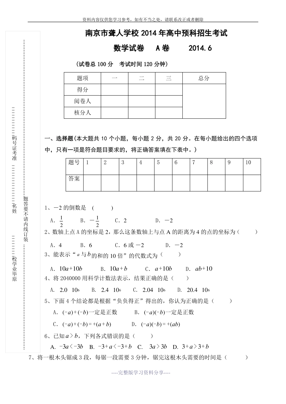 南京聋人学校2014年高中预科招生考试数学试卷_第1页