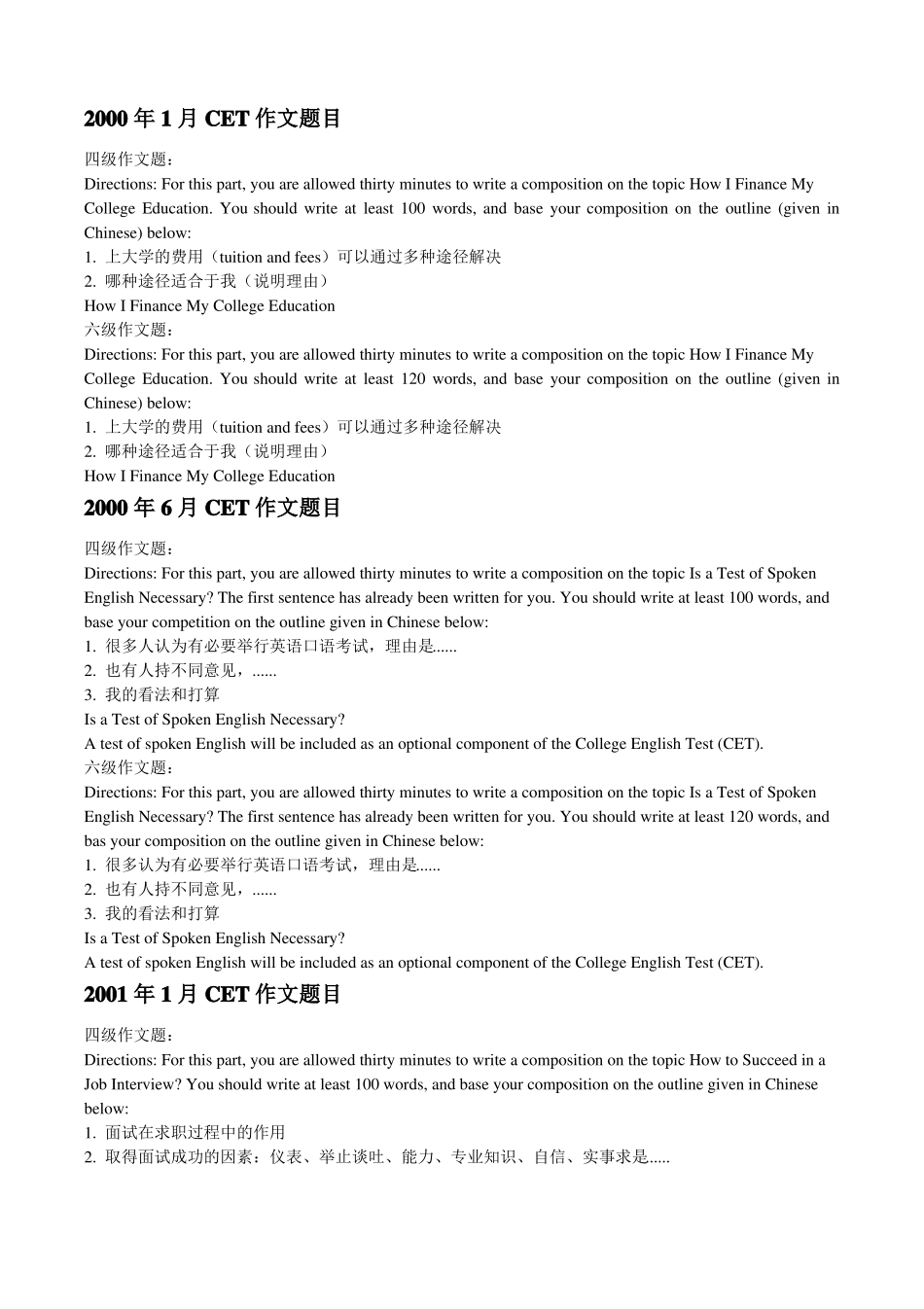 历年四六级作文题目汇总_第1页