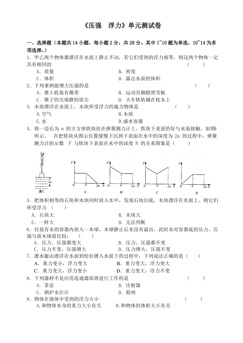 压强、浮力单元测试_第1页