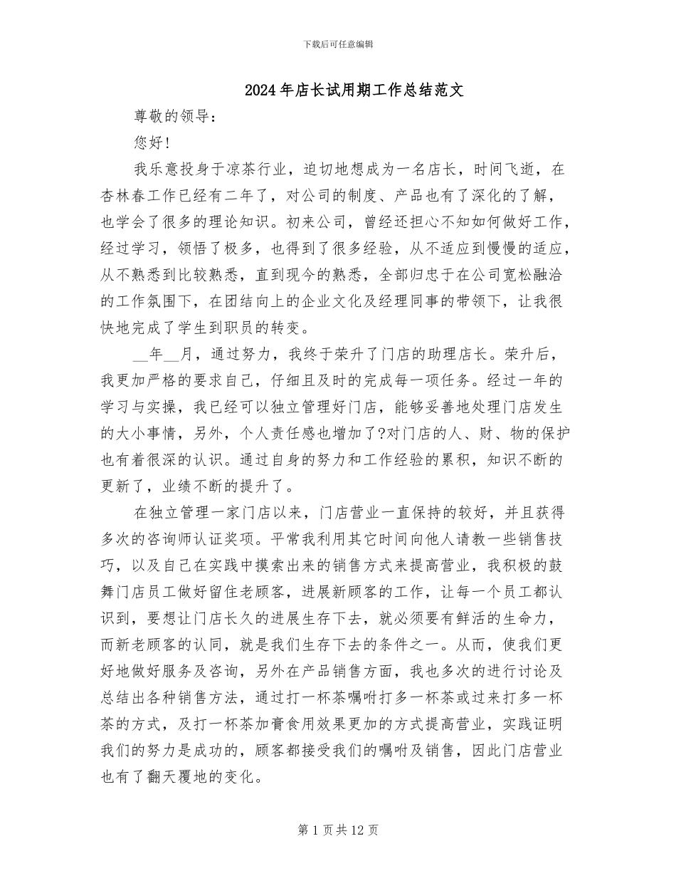 2024年店长试用期工作总结范文_第1页