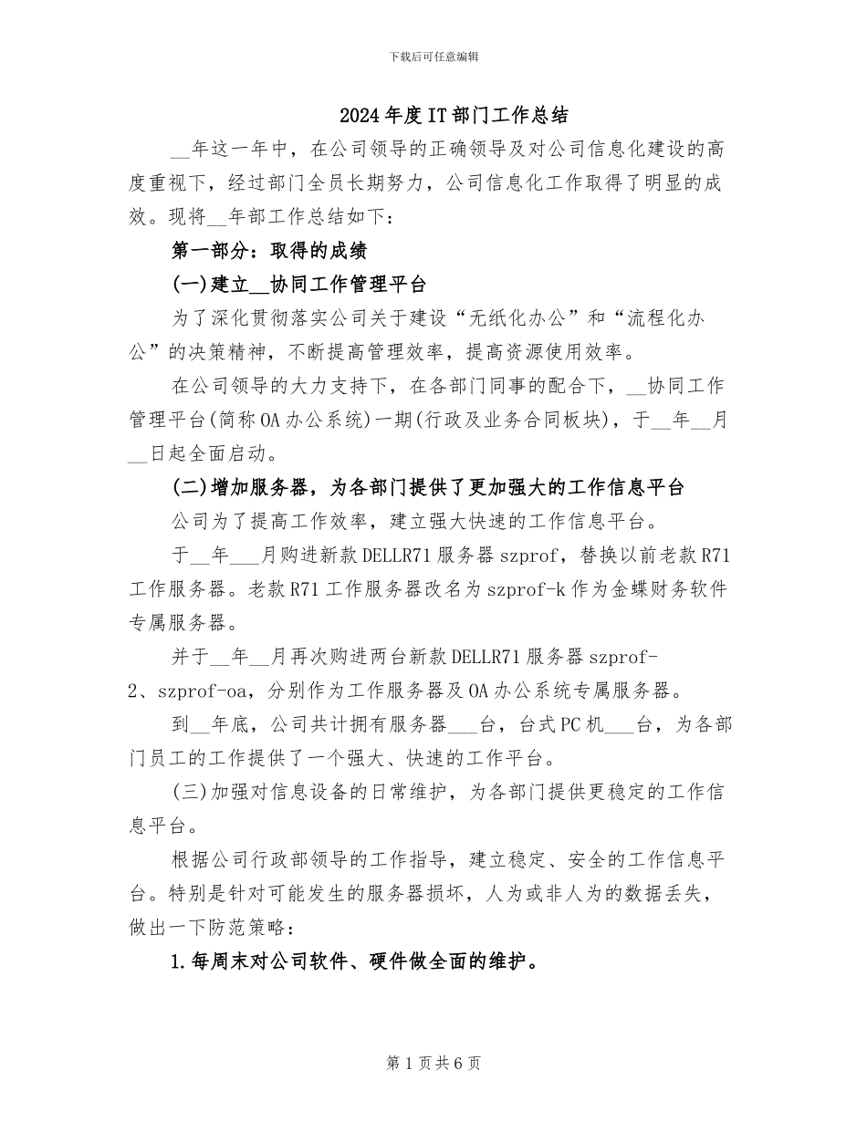 2024年度IT部门工作总结_第1页