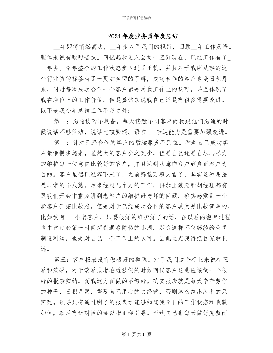 2024年度业务员年度总结_第1页