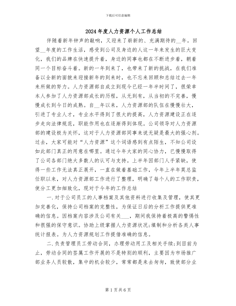 2024年度人力资源个人工作总结_第1页