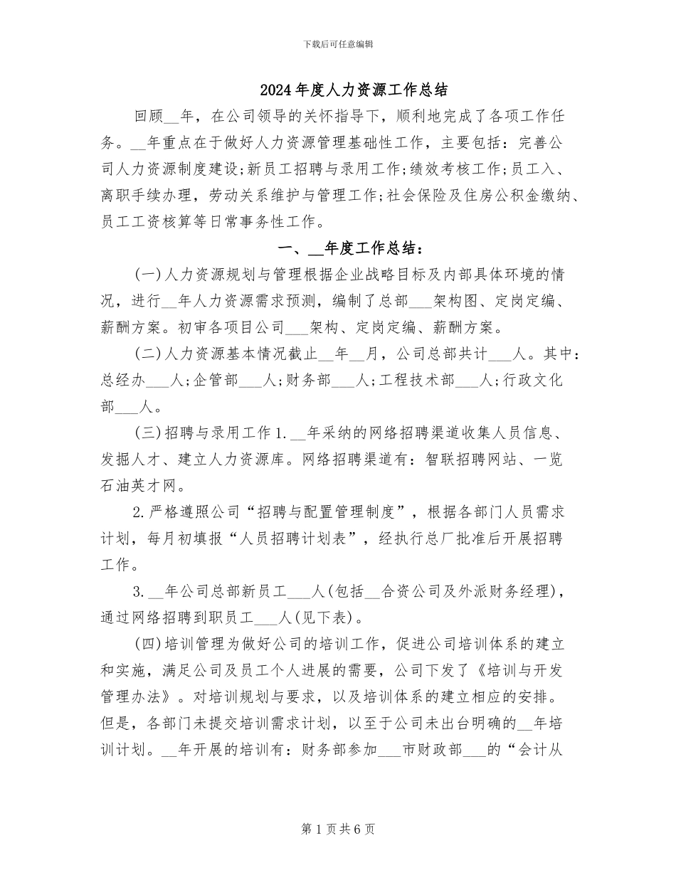 2024年度人力资源工作总结_第1页