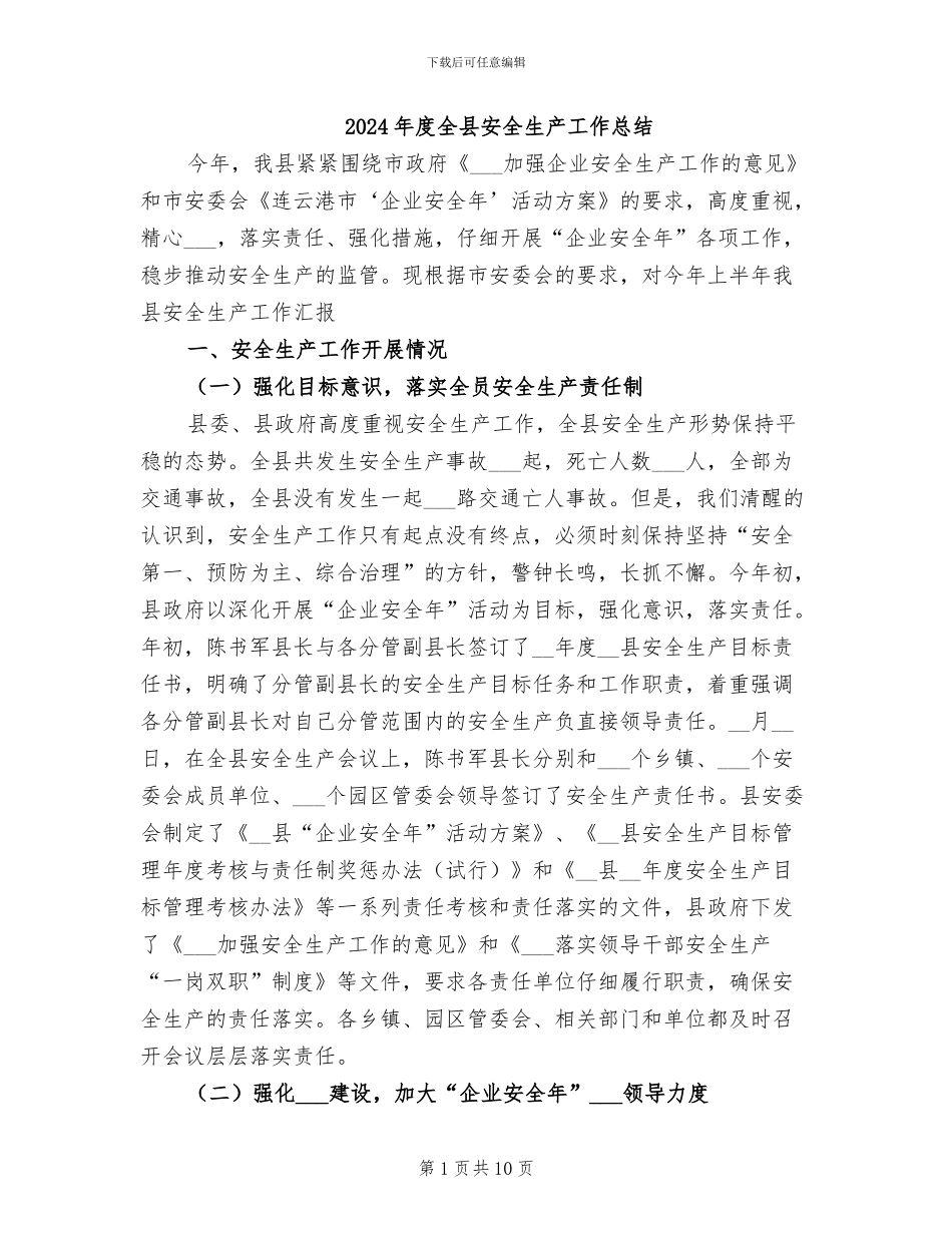 2024年度全县安全生产工作总结_第1页