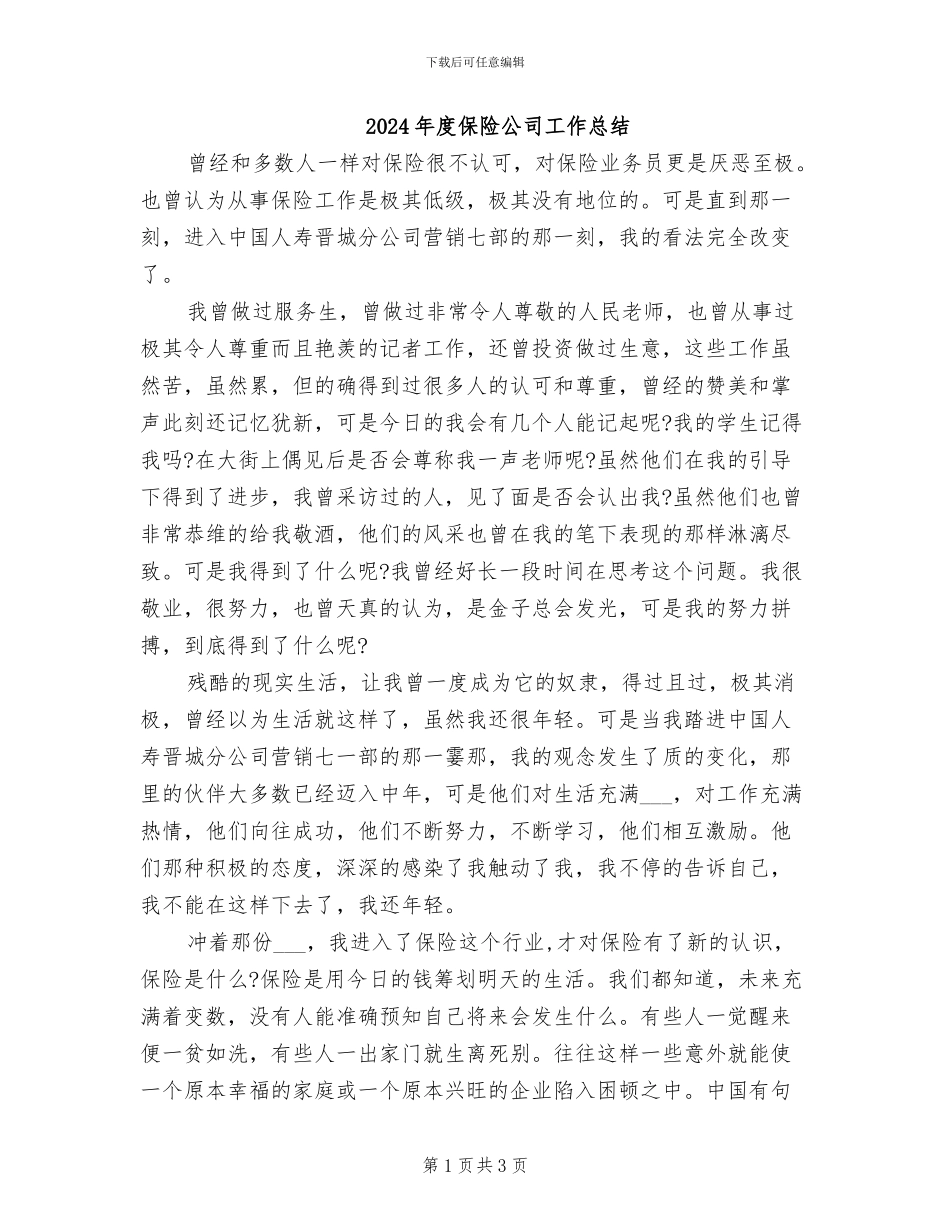2024年度保险公司工作总结_第1页