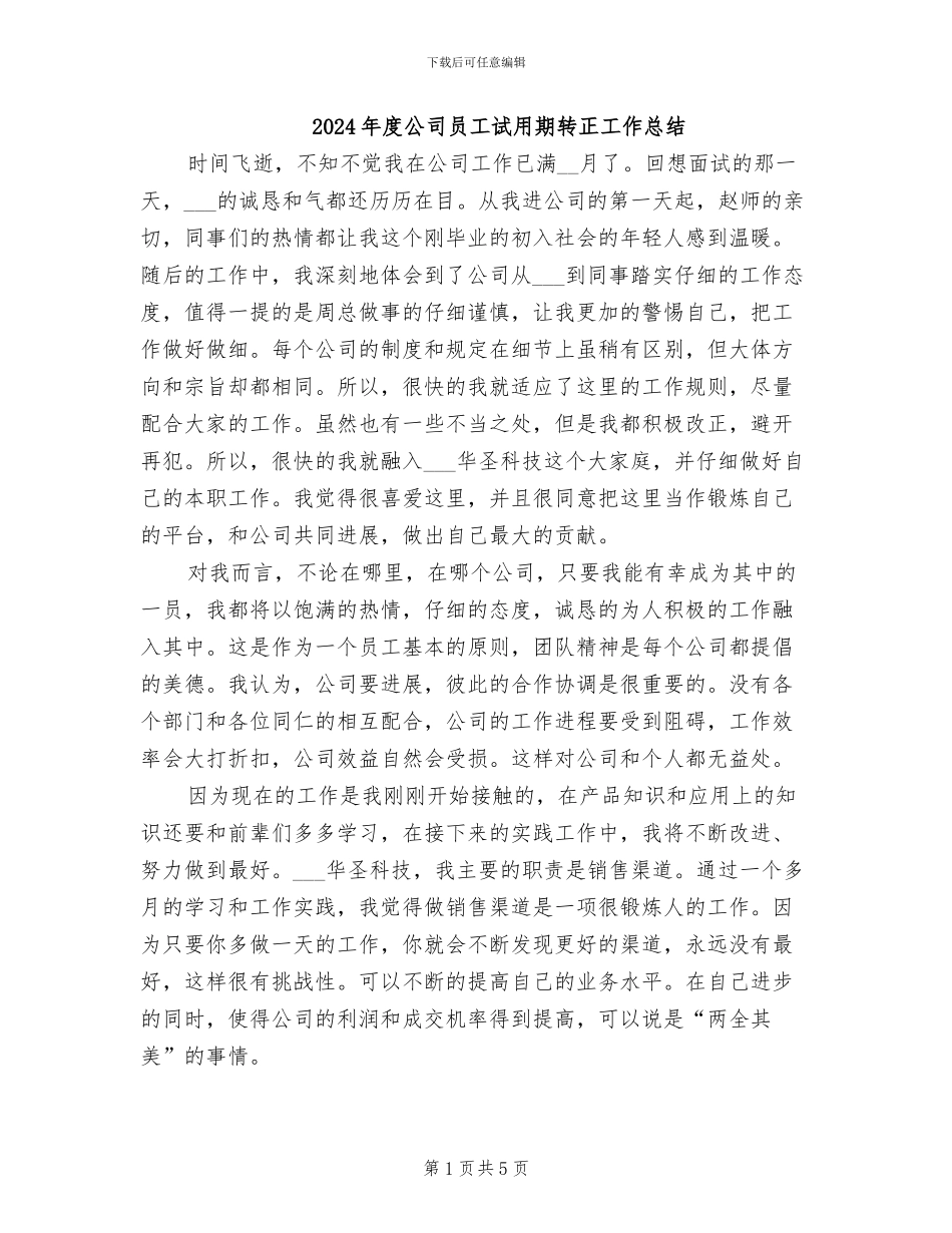 2024年度公司员工试用期转正工作总结_第1页