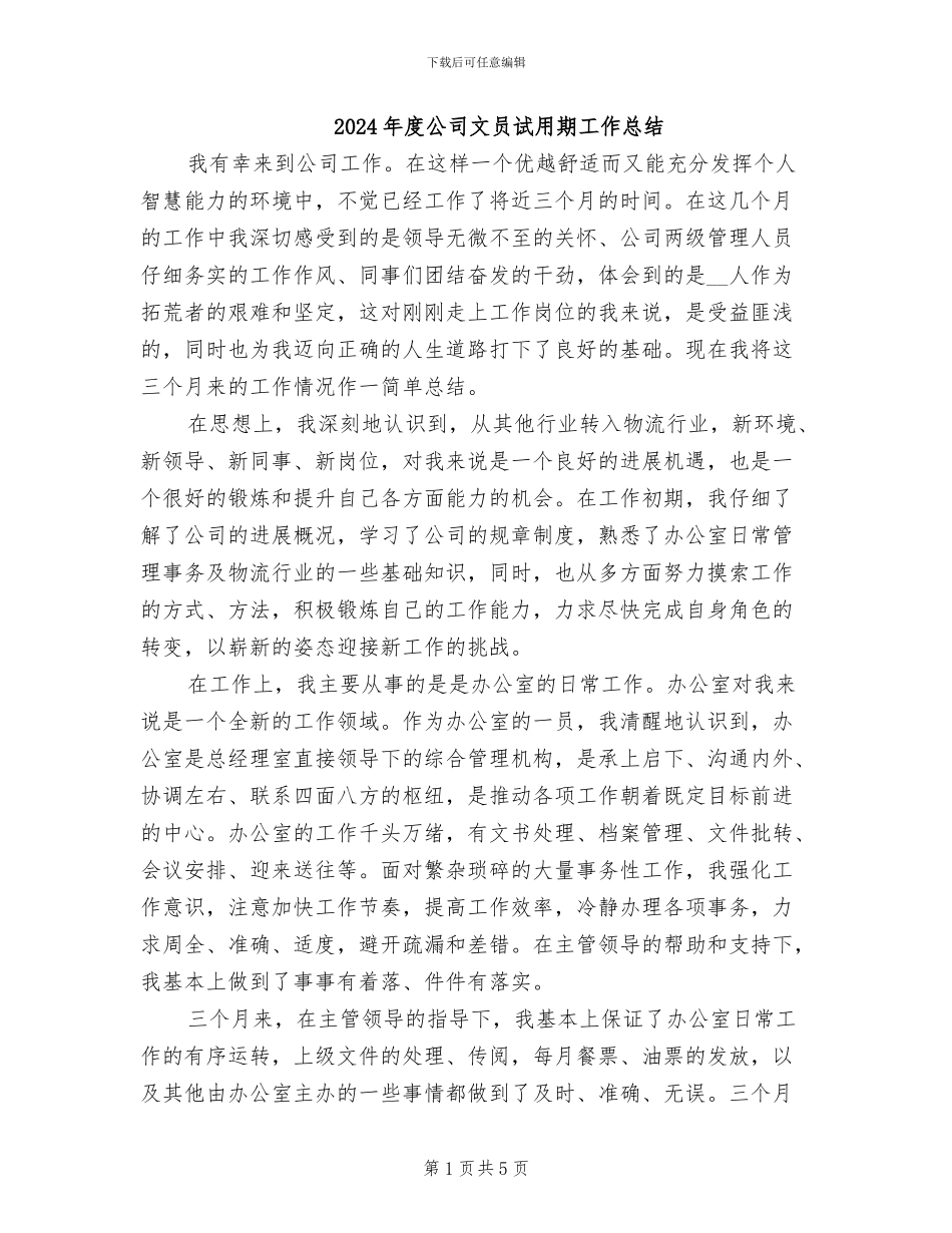 2024年度公司文员试用期工作总结_第1页
