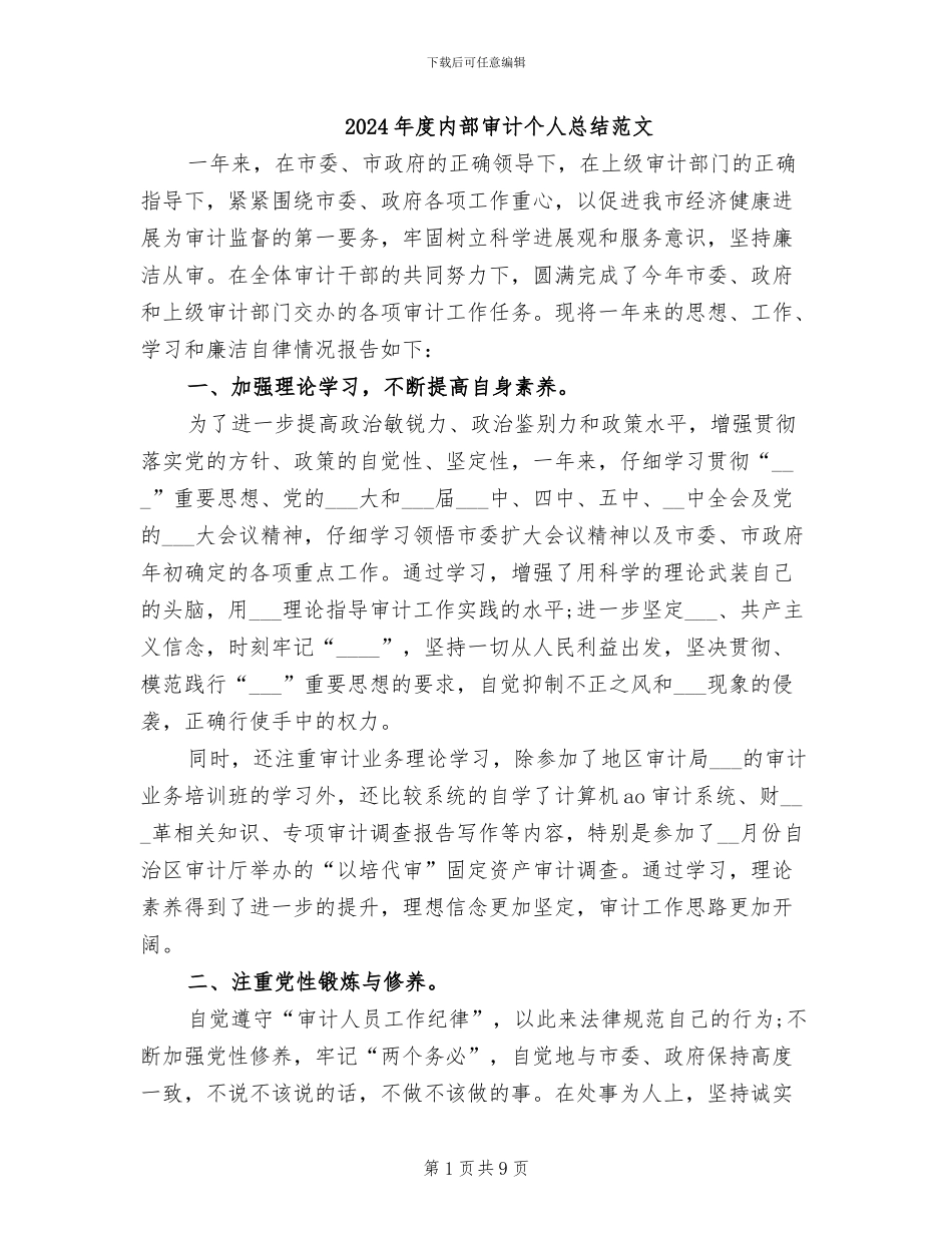 2024年度内部审计个人总结范文_第1页