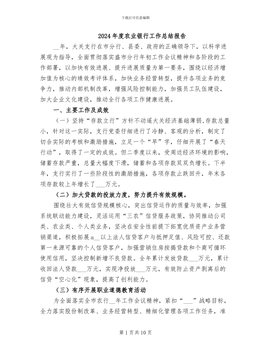 2024年度农业银行工作总结报告_第1页
