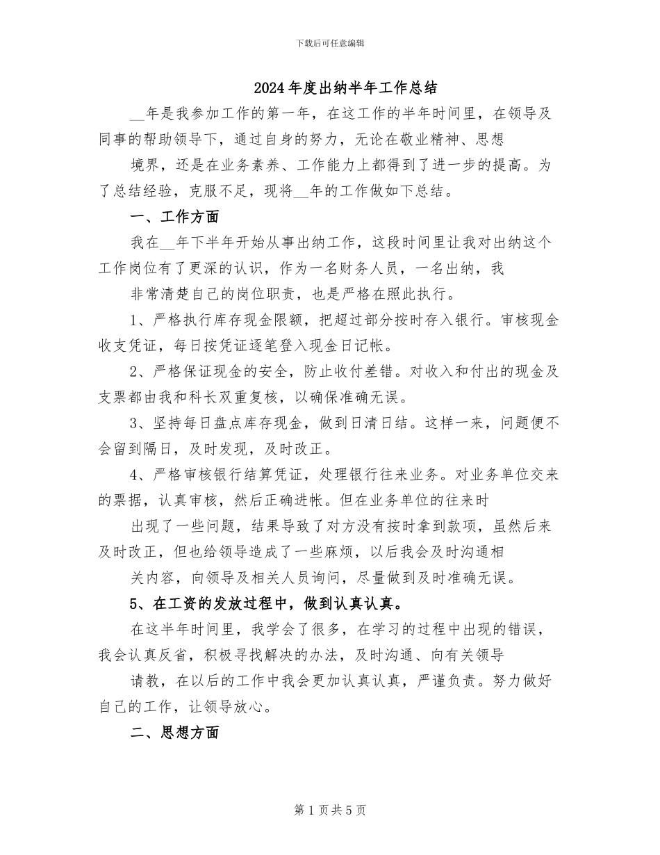 2024年度出纳半年工作总结_第1页