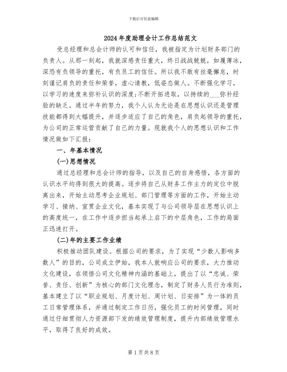 2024年度助理会计工作总结范文_第1页
