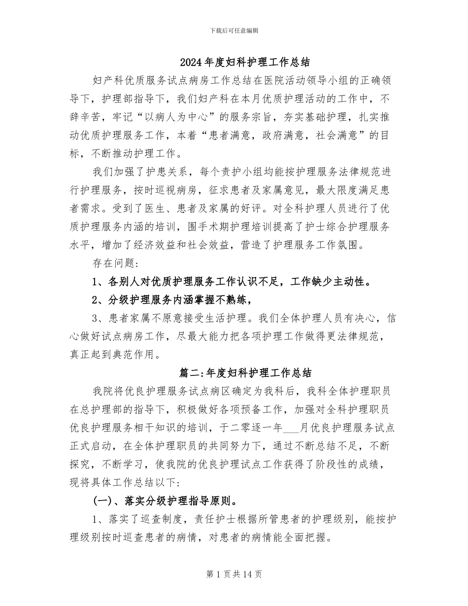 2024年度妇科护理工作总结_第1页