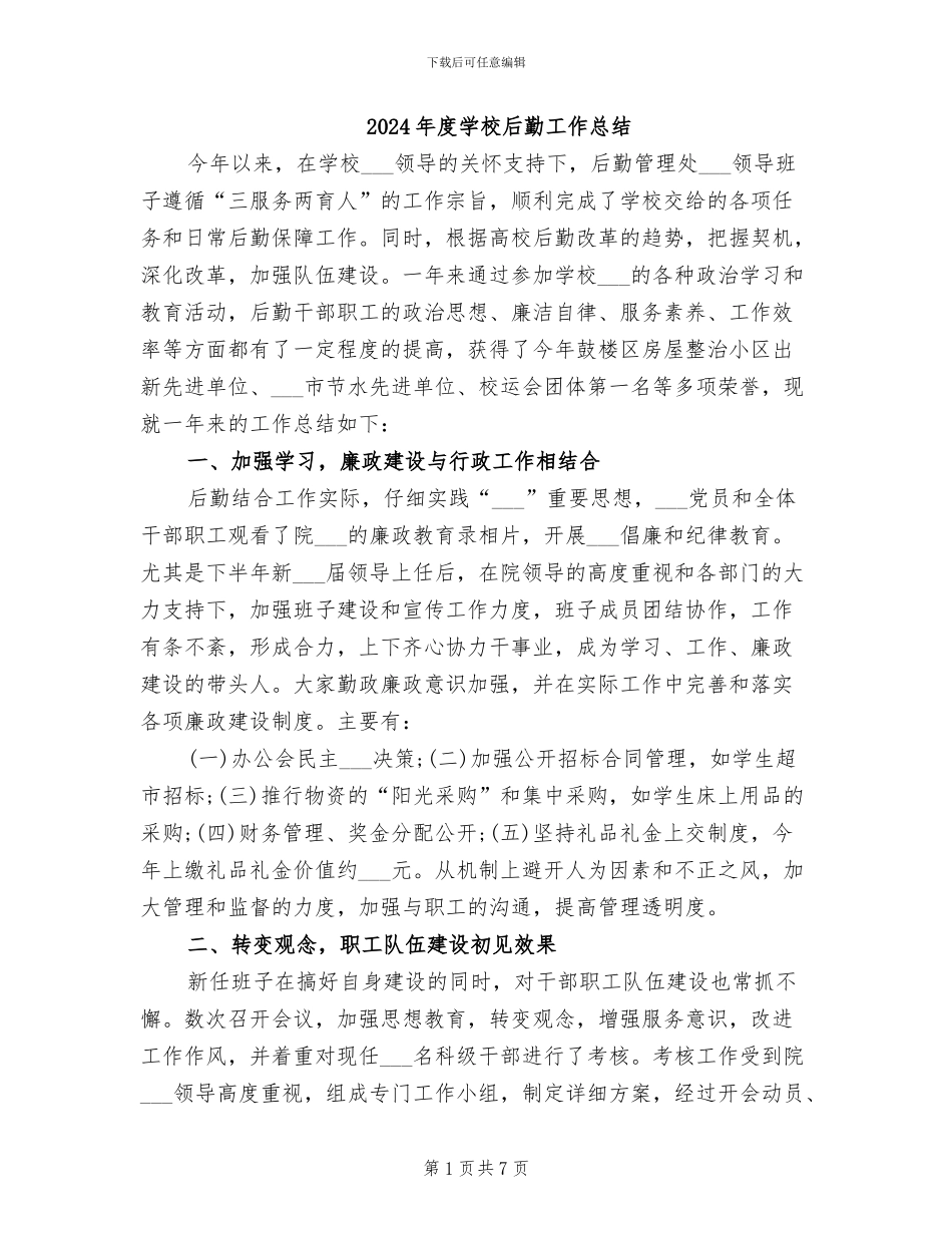 2024年度学校后勤工作总结_第1页