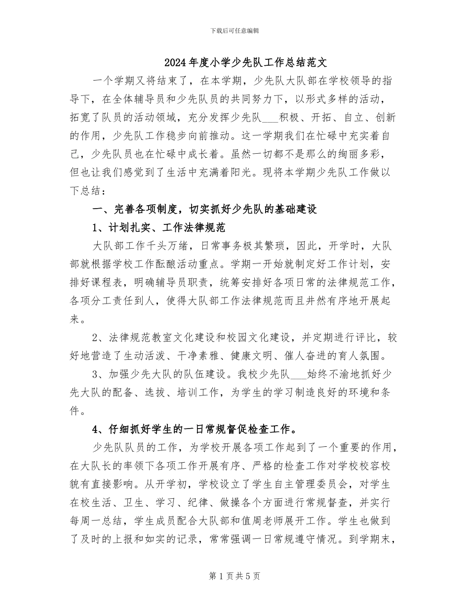 2024年度小学少先队工作总结范文_第1页
