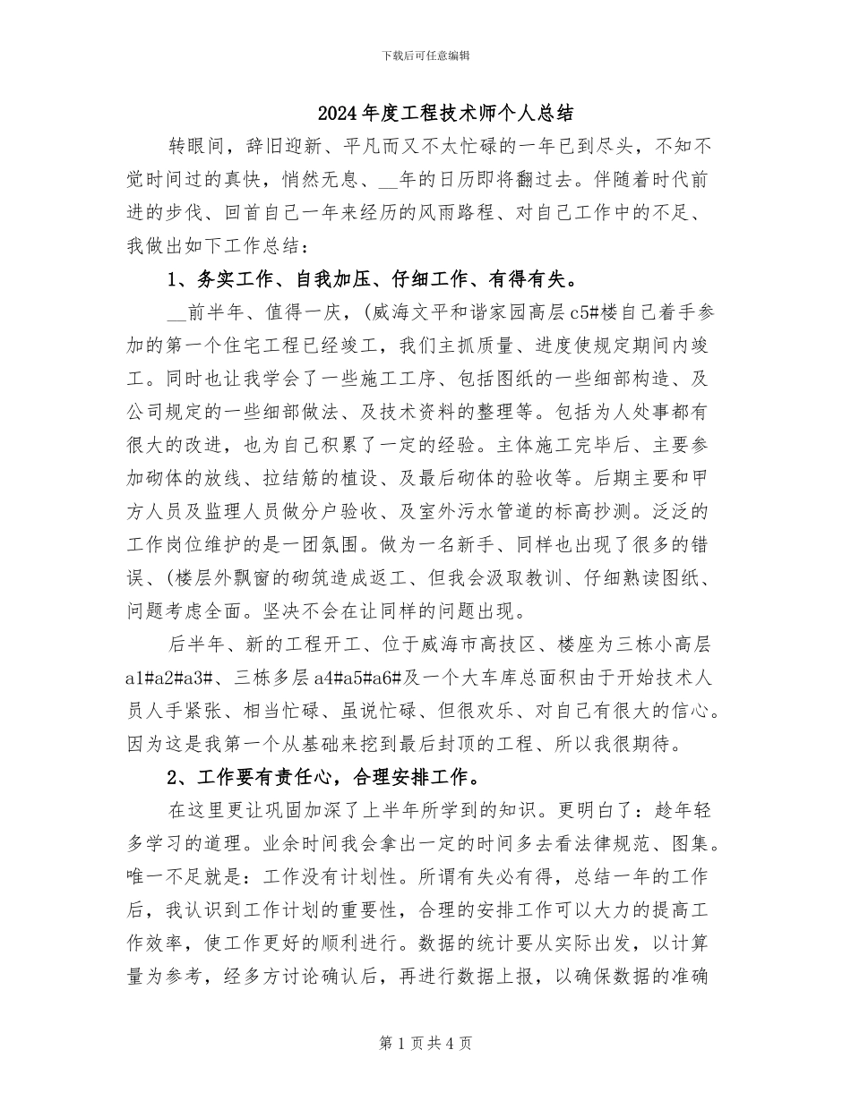 2024年度工程技术师个人总结_第1页
