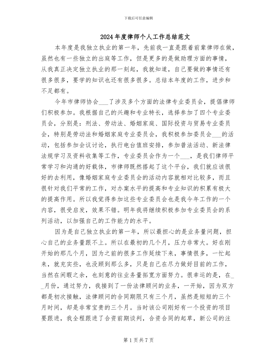 2024年度律师个人工作总结范文_第1页