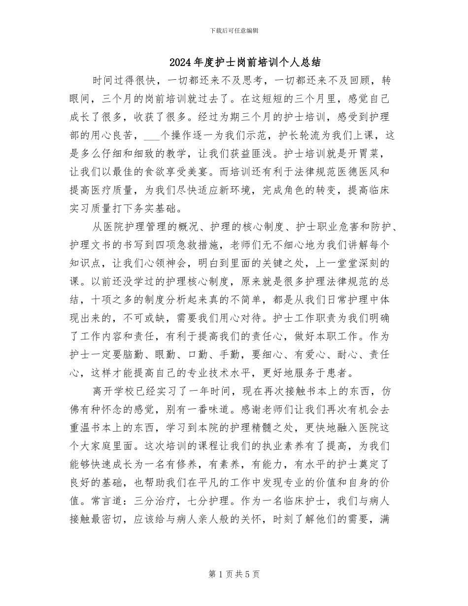 2024年度护士岗前培训个人总结_第1页